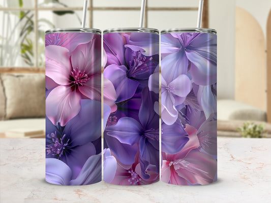 Three tumblers featuring a gradient floral design in shades of purple and pink.