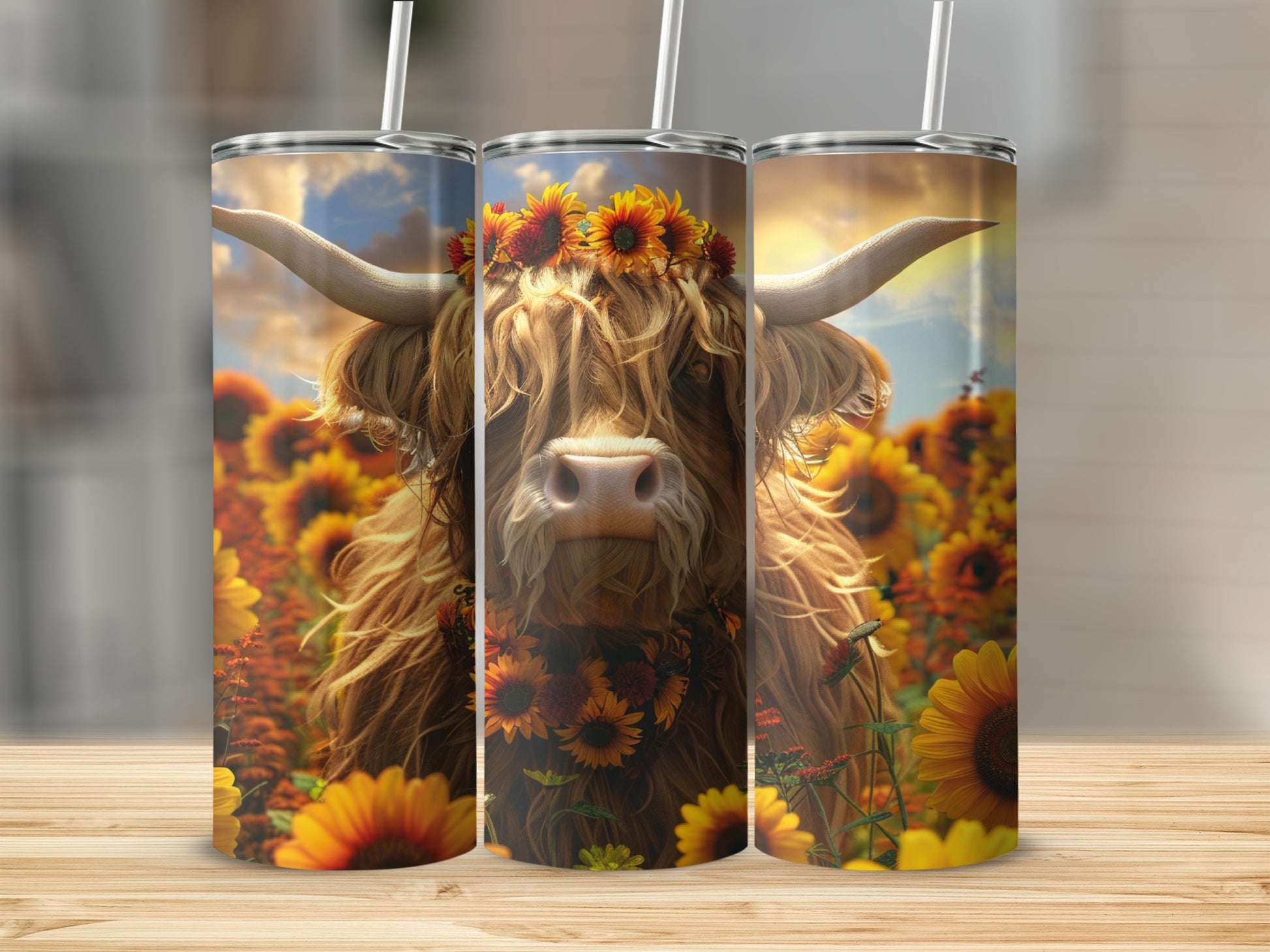 Highland cow with sunflower crown in a sunflower field.