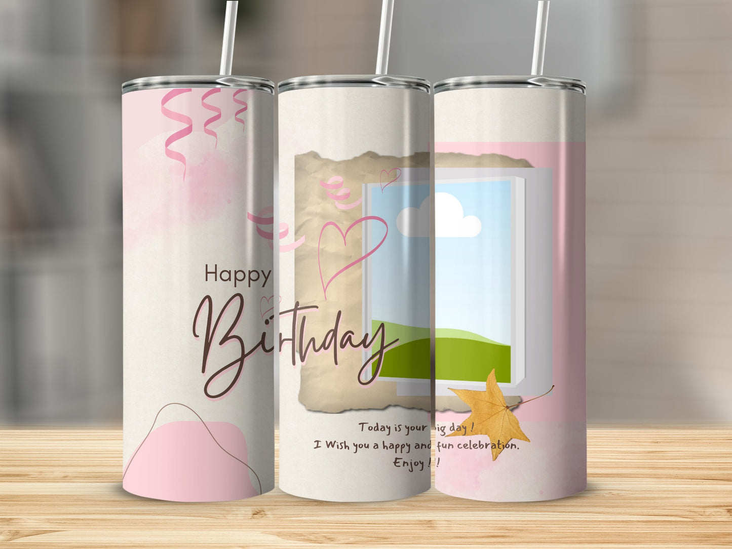 Three birthday themed tumblers with pink and beige design elements.