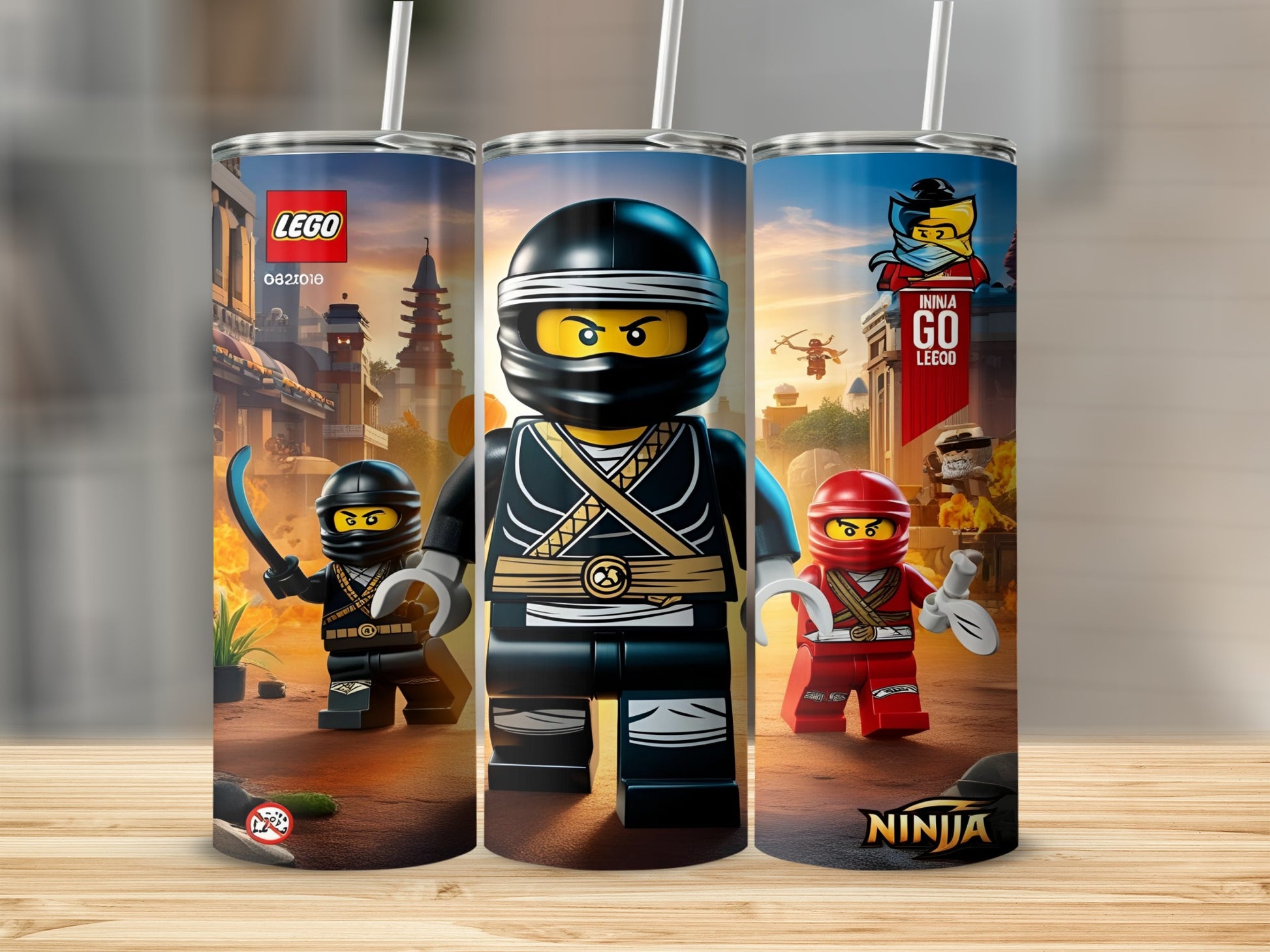 LEGO Ninjago characters Kai and Cole on a tumbler with a city background.