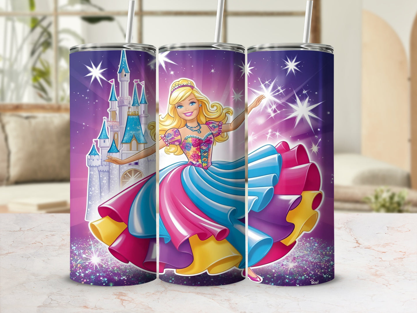 Barbie in a sparkly pink and blue ballgown with a castle and stars.