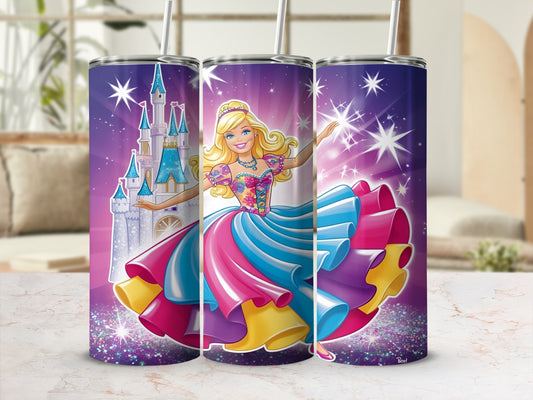 Barbie in a sparkly pink and blue ballgown with a castle and stars.