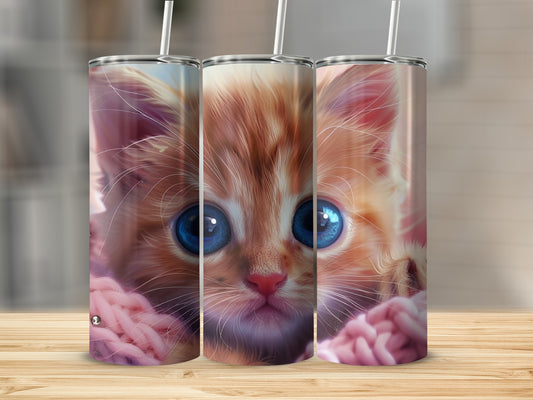 Close-up of a fluffy orange kitten with large blue eyes, wrapped in pink yarn.