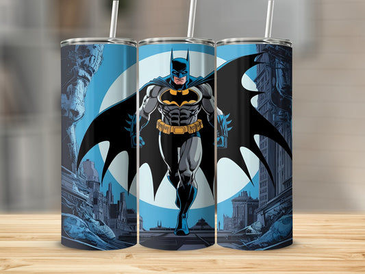 Batman standing heroically in a city skyline.