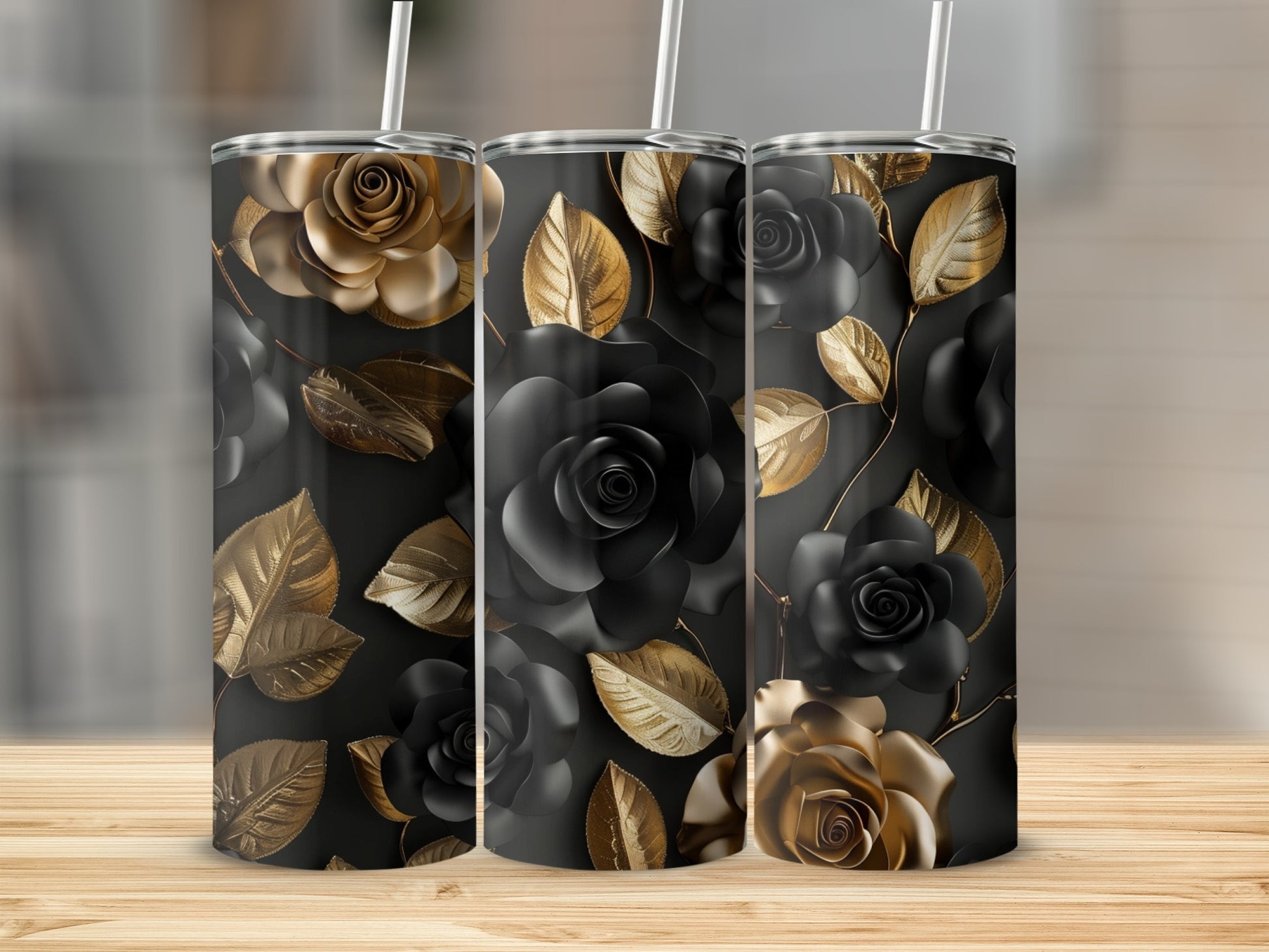 Three dark tumblers with black and gold roses and leaves.