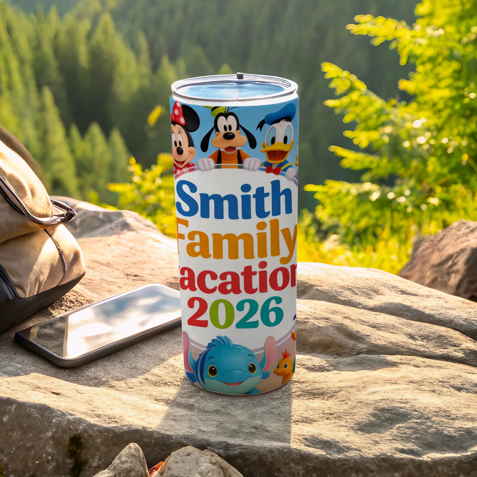 Disney characters surround "Smith Family Vacation 2026" on a tumbler.