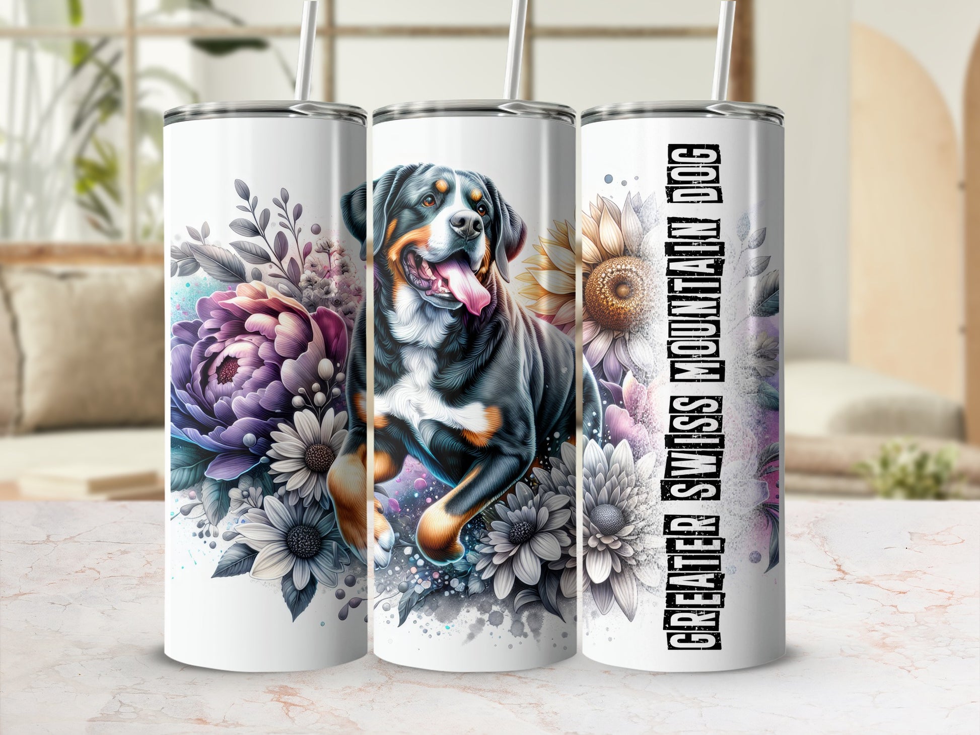 Greater Swiss Mountain Dog on tumbler with flowers and text.