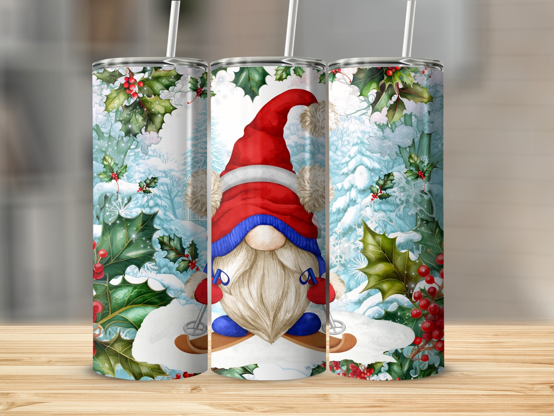 Tumbling tumbler with a skiing gnome in a snowy forest scene.