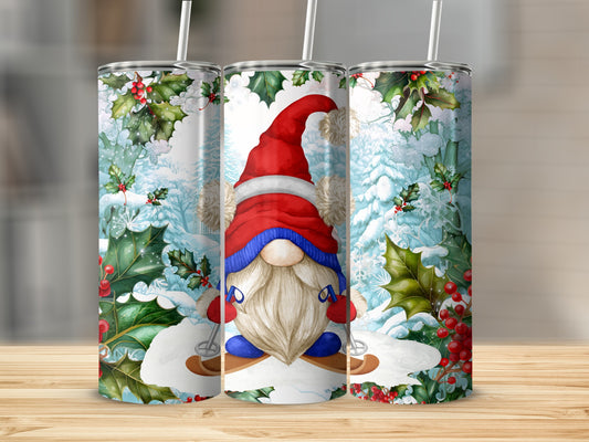 Tumbling tumbler with a skiing gnome in a snowy forest scene.