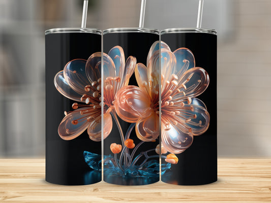 Floral design on a black tumbler with a straw.