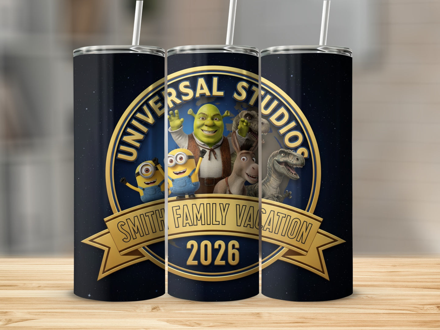 Universal Studios themed tumbler with Shrek, Minions, and Donkey.