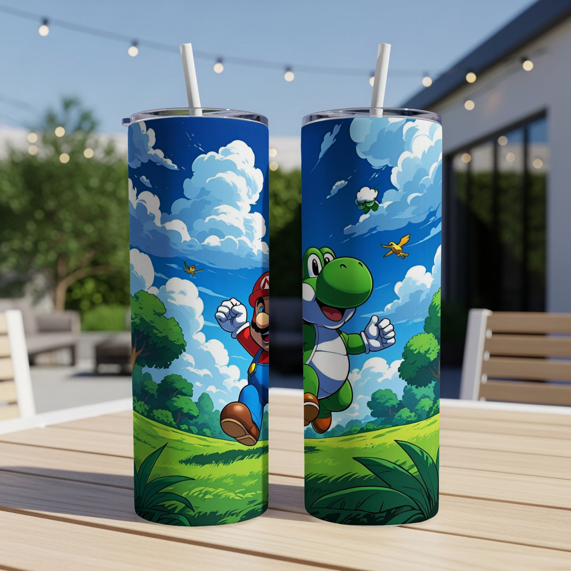 Mario and Yoshi characters on a 20oz tumbler, with a grassy, cloudy background.
