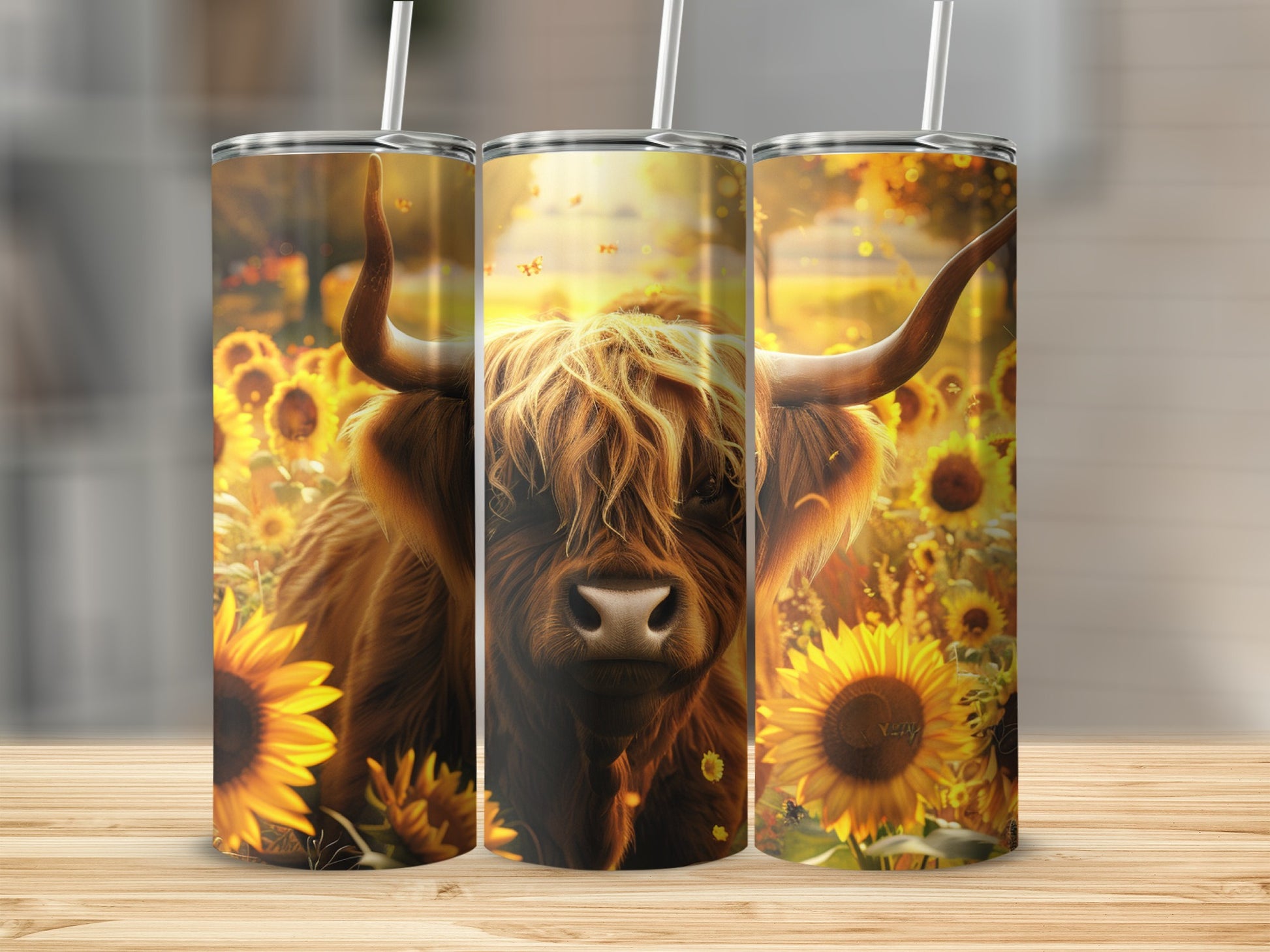 Highland cow portrait surrounded by sunflowers on a tumbler.