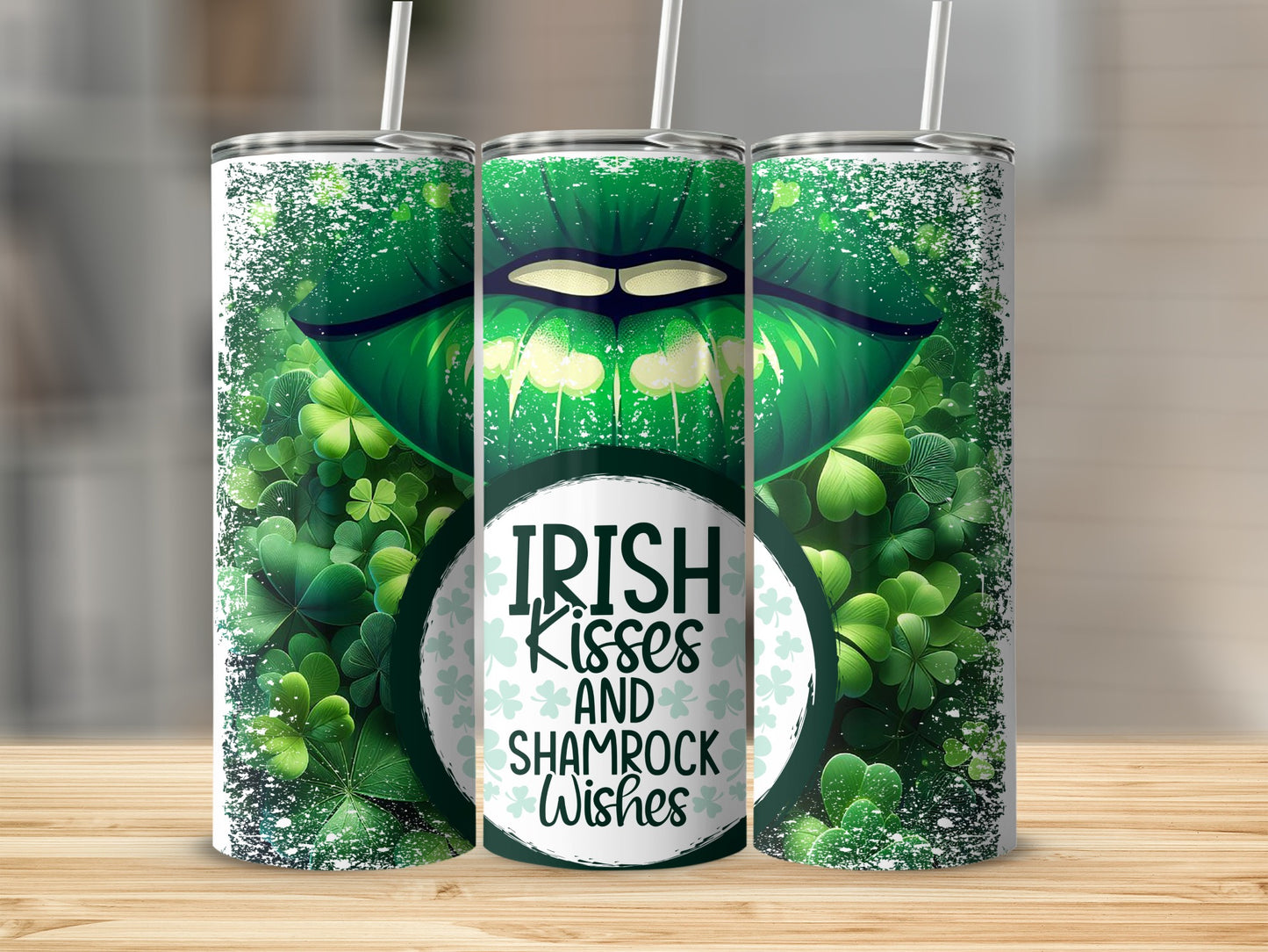 Green lips and shamrocks with "Irish Kisses and Shamrock Wishes" text on tumblers.