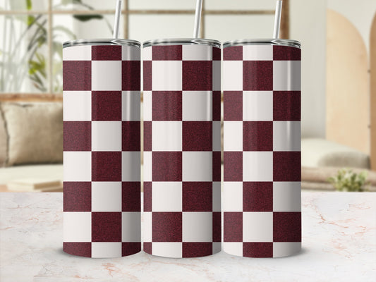 Three tumblers with a maroon and white checkerboard pattern.