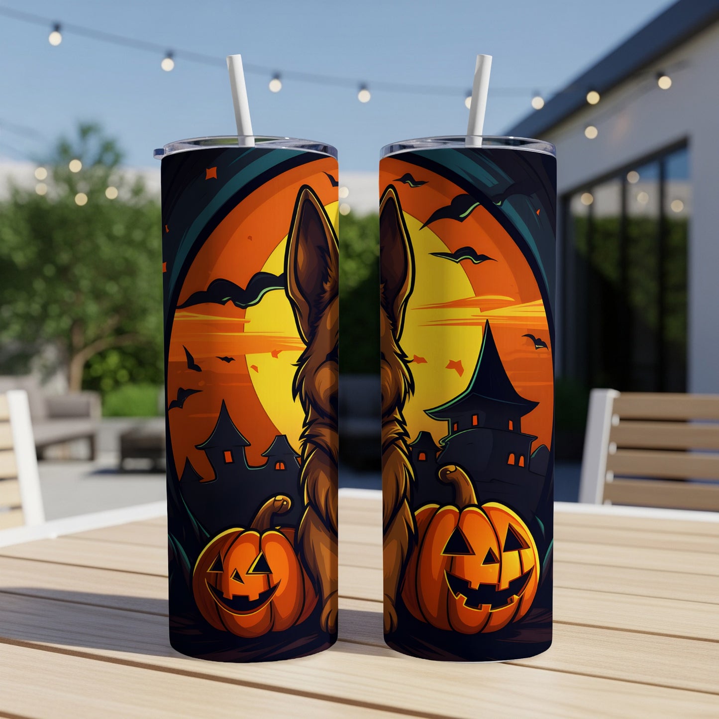 Two tumblers feature a Halloween design with a German Shepherd silhouette and jack-o'-lanterns.