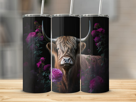 Highland cow with purple flowers on black tumblers.