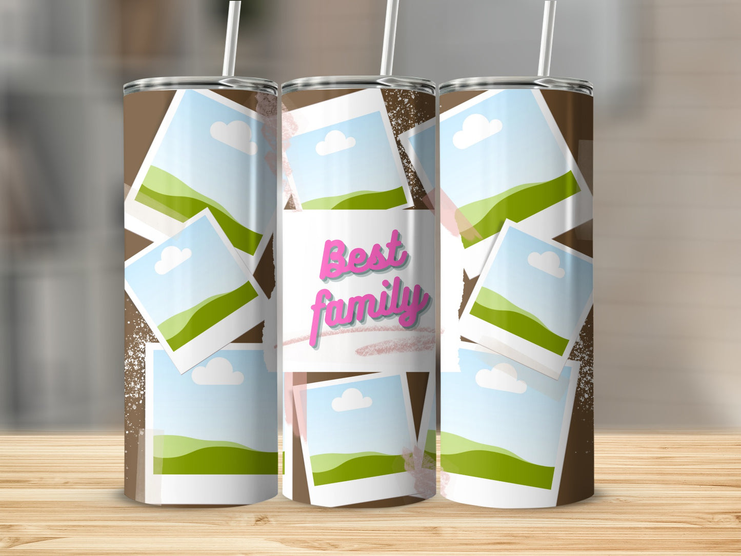 Tumblers with a "Best Family" design and scattered photo frames.
