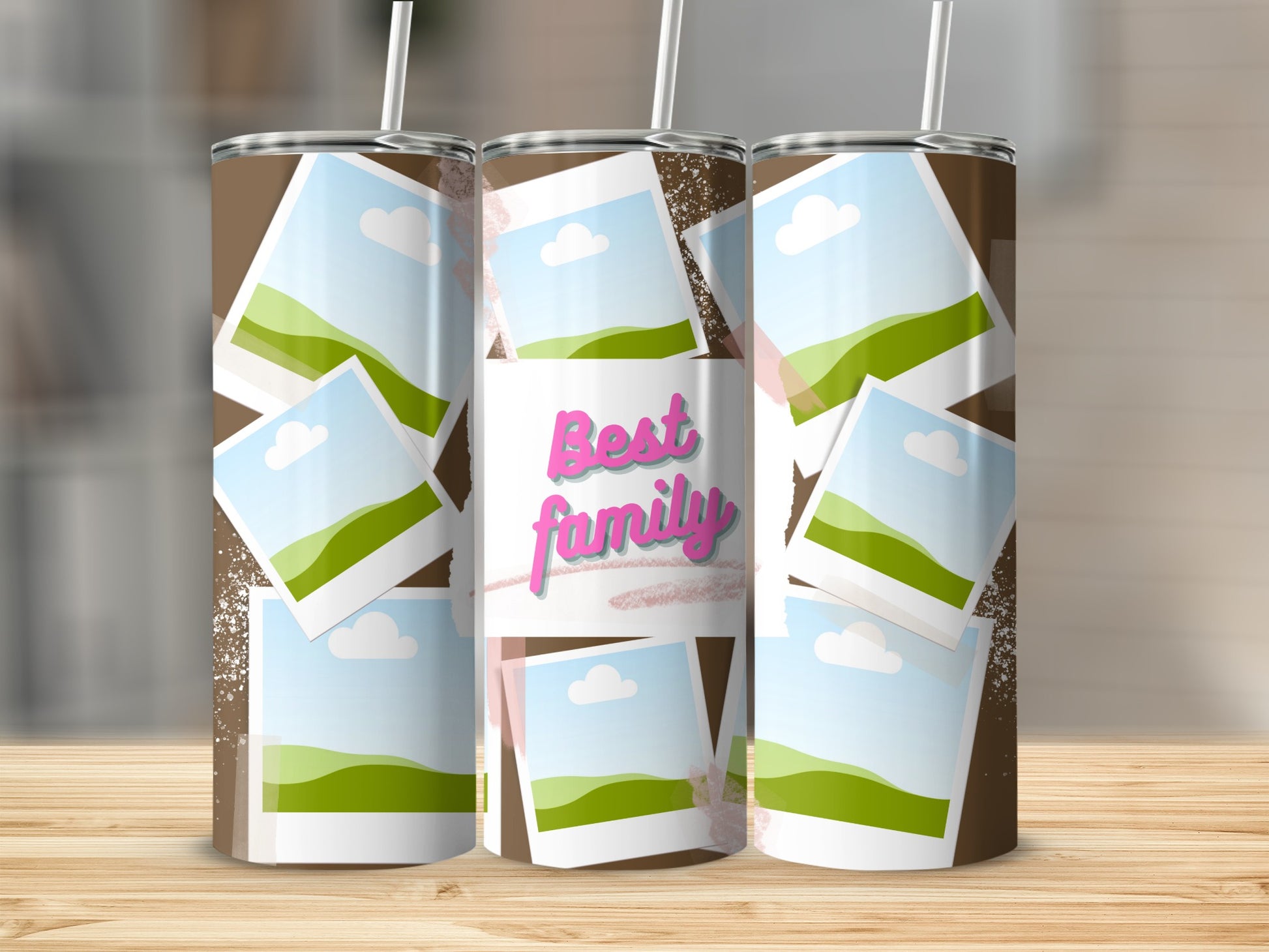Tumblers with a "Best Family" design and scattered photo frames.