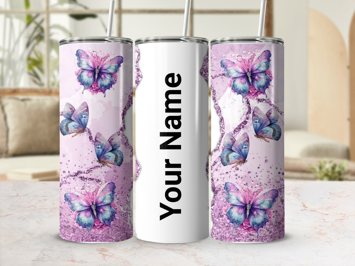 Personalized Name Blue and Pink Butterfly Design Tumbler