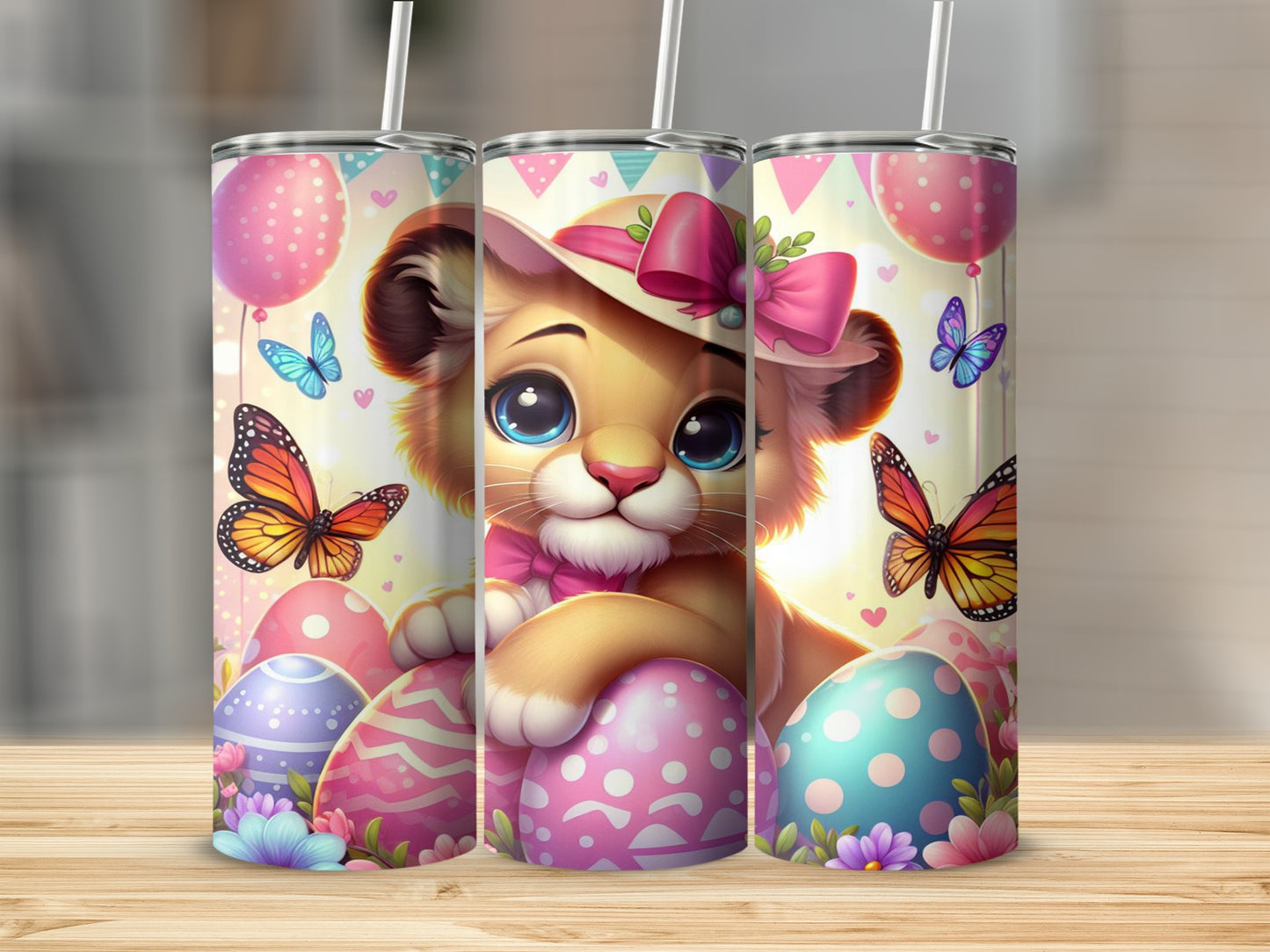 Cute lion cub with Easter eggs and butterflies, wearing a hat and bow.