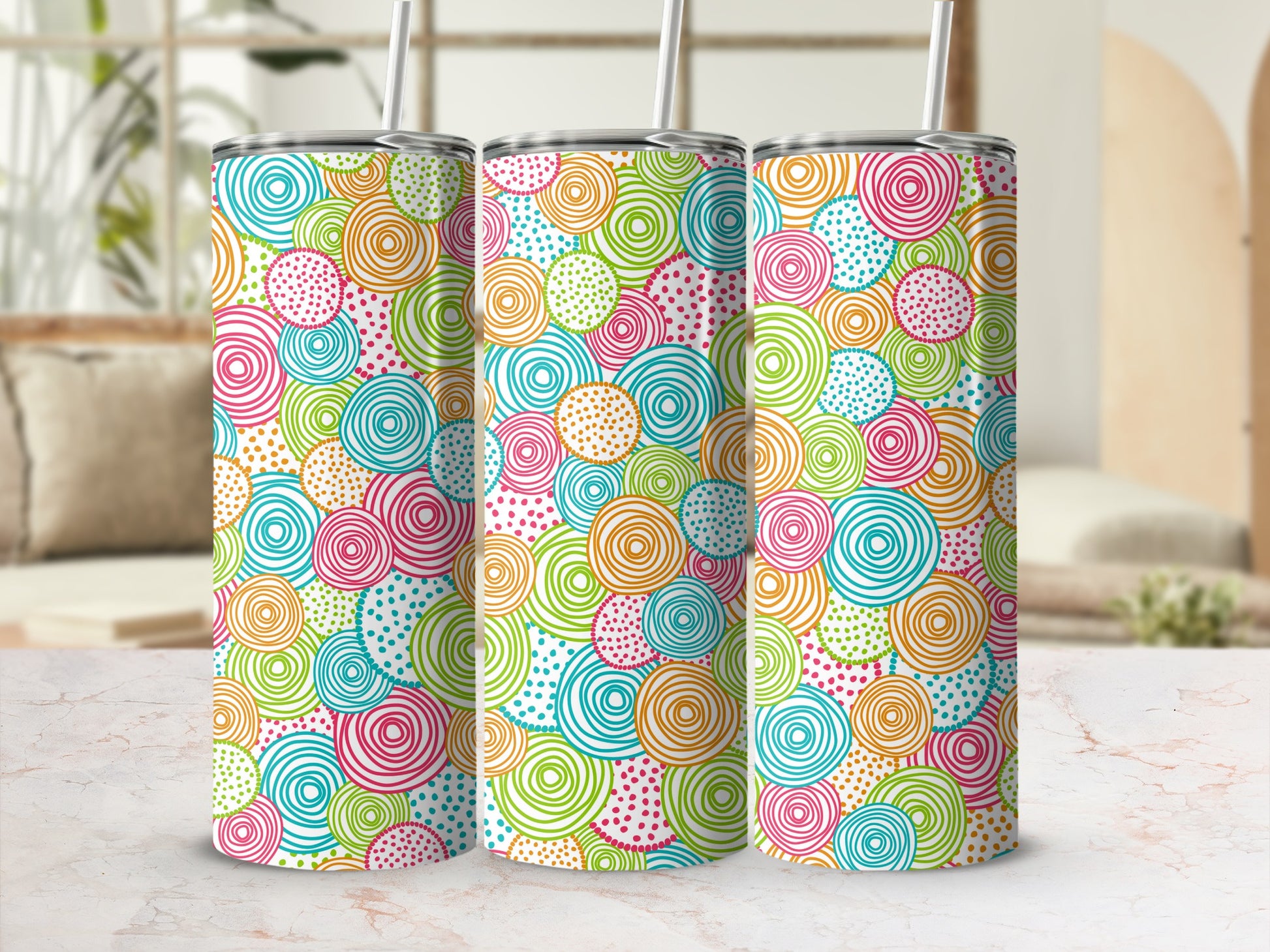 Colorful Swirl and Dot Pattern Tumbler with Straw