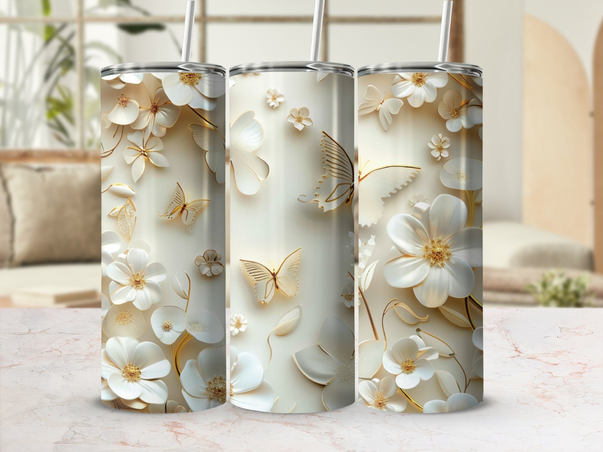 Cream tumbler with raised white flowers and gold butterflies.