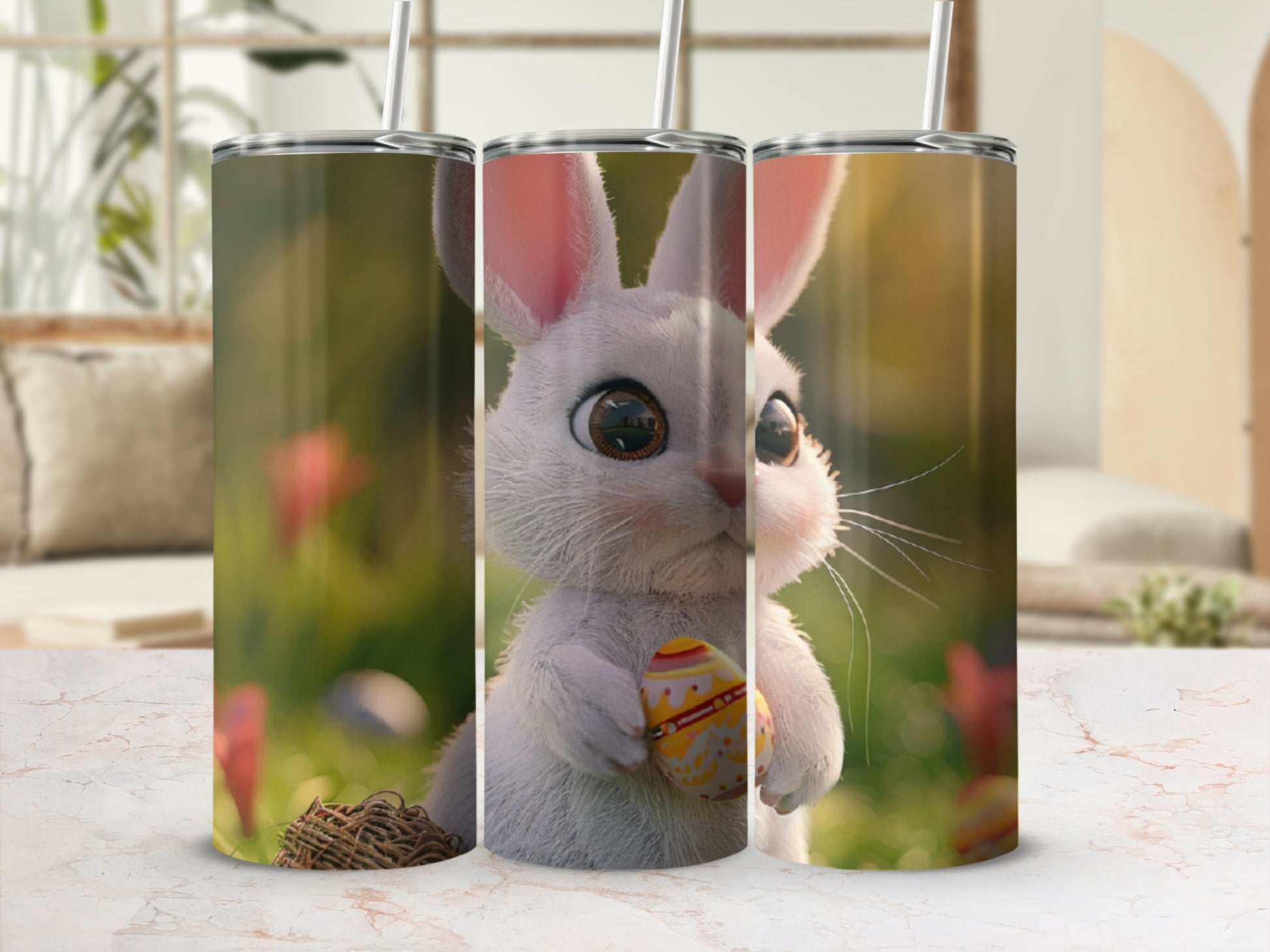 White bunny holding an Easter egg on a tumbler.