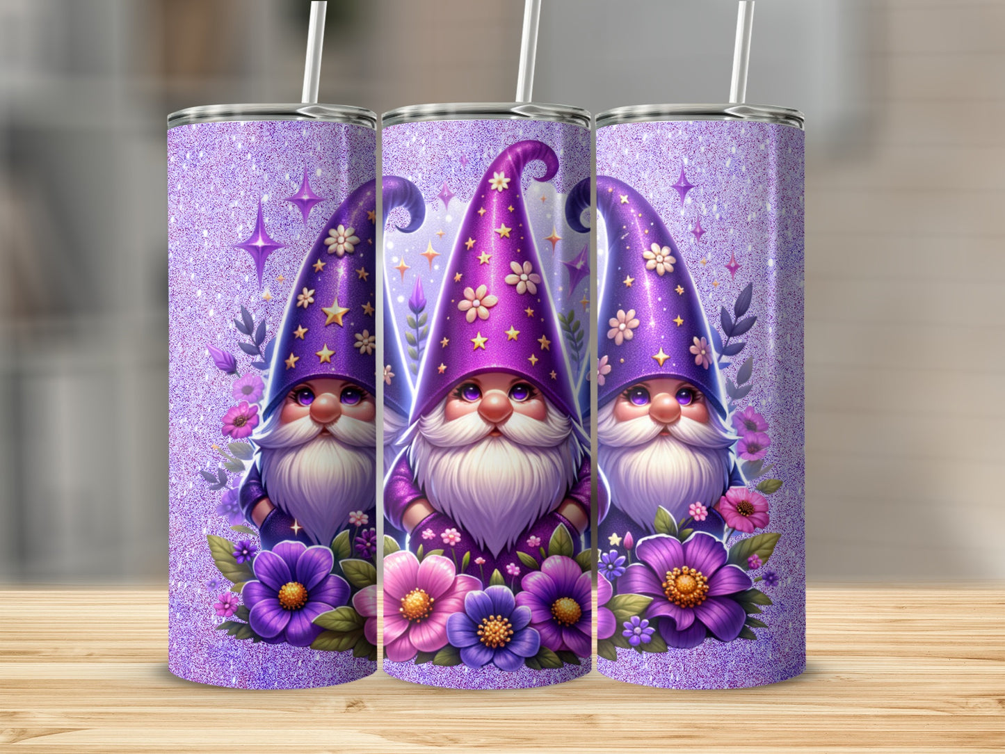 Adorable Gnome and Flowers Purple Tumbler杯