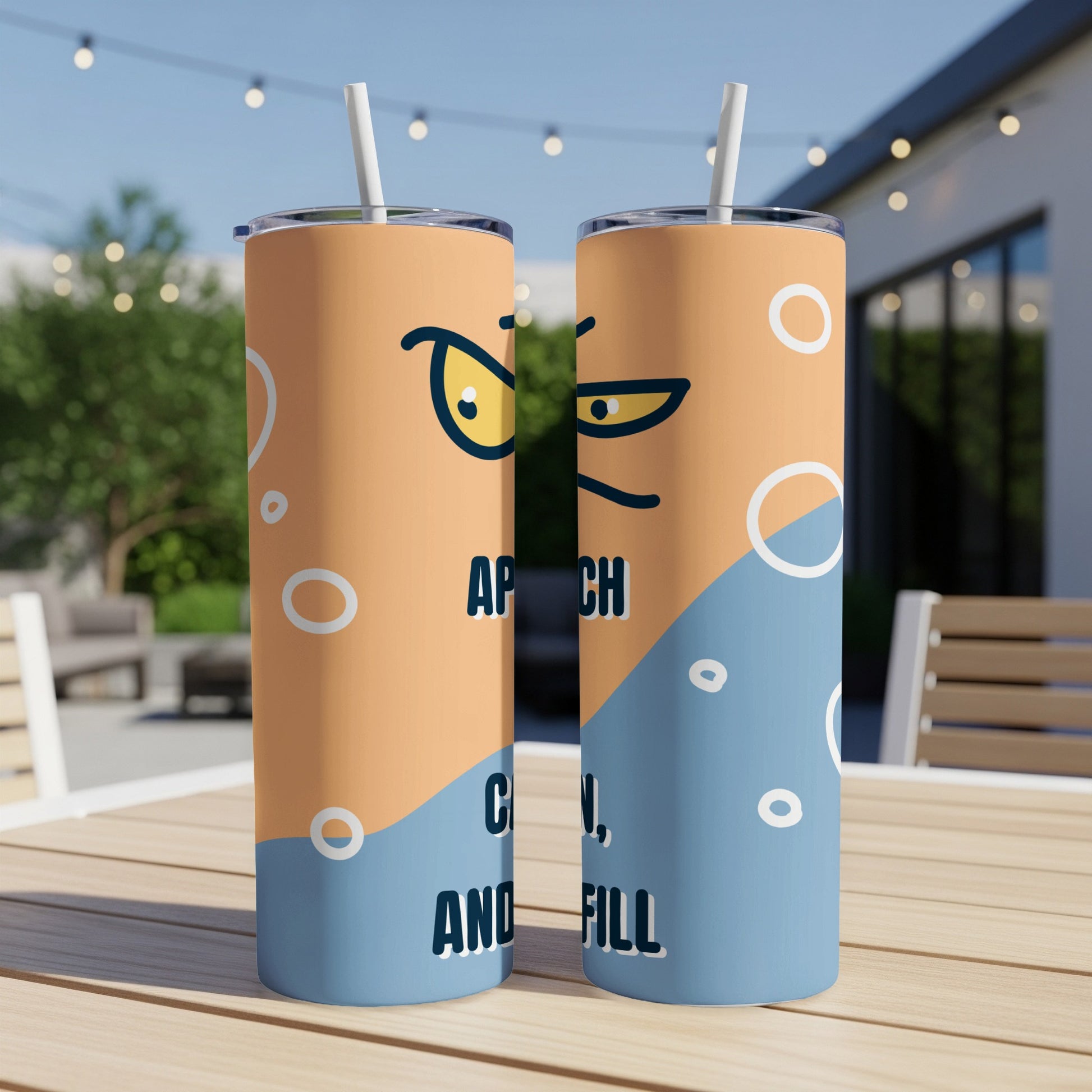 Orange and blue tumbler with cartoon eyes and text "AP CH CAN, AND FILL".