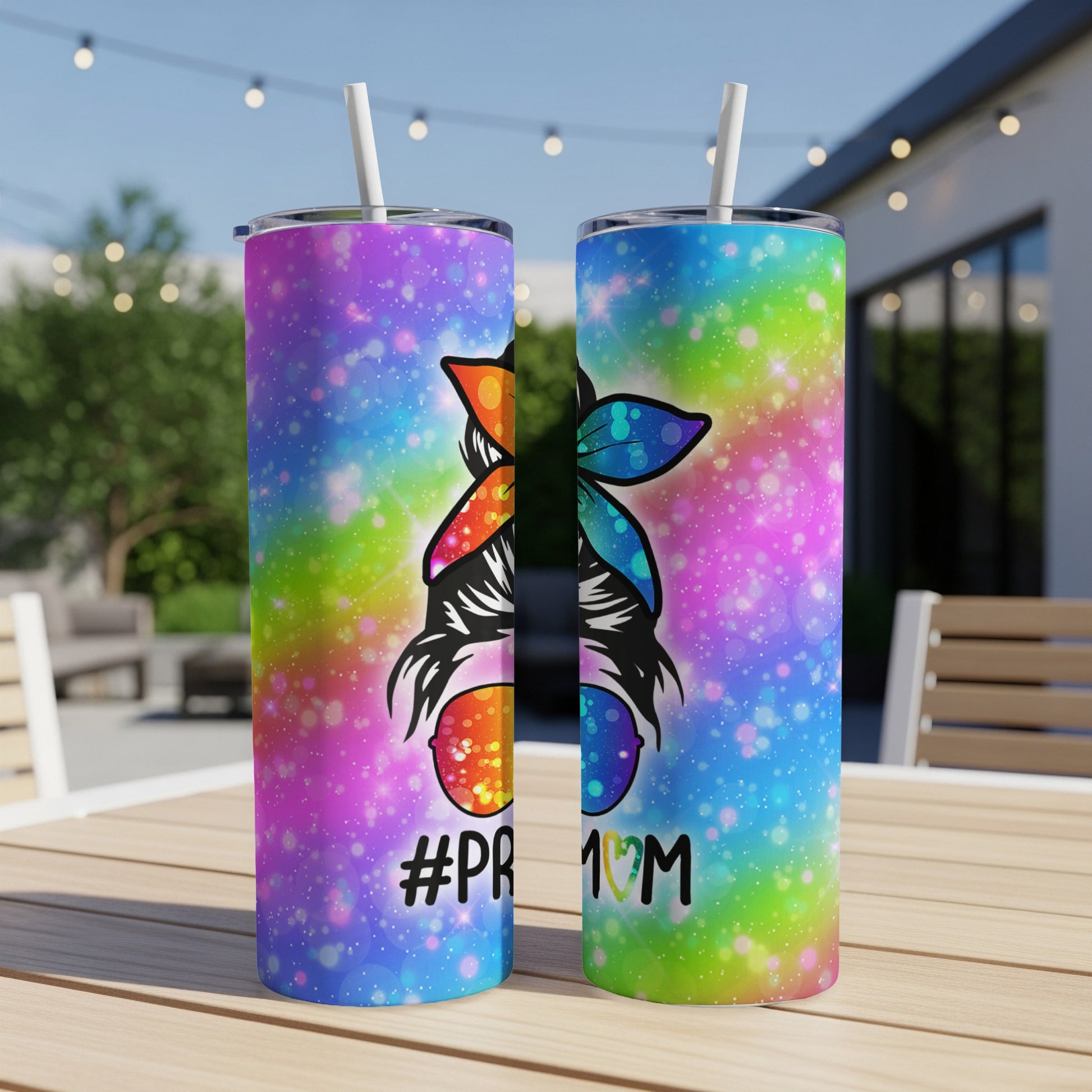 Rainbow tie-dye tumbler with #PrideMom and heart graphic.
