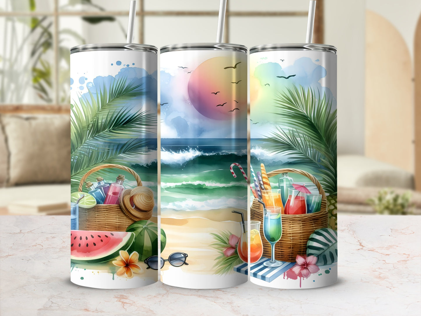 Two tall tumblers with beach scenes, drinks, and watermelon slices.