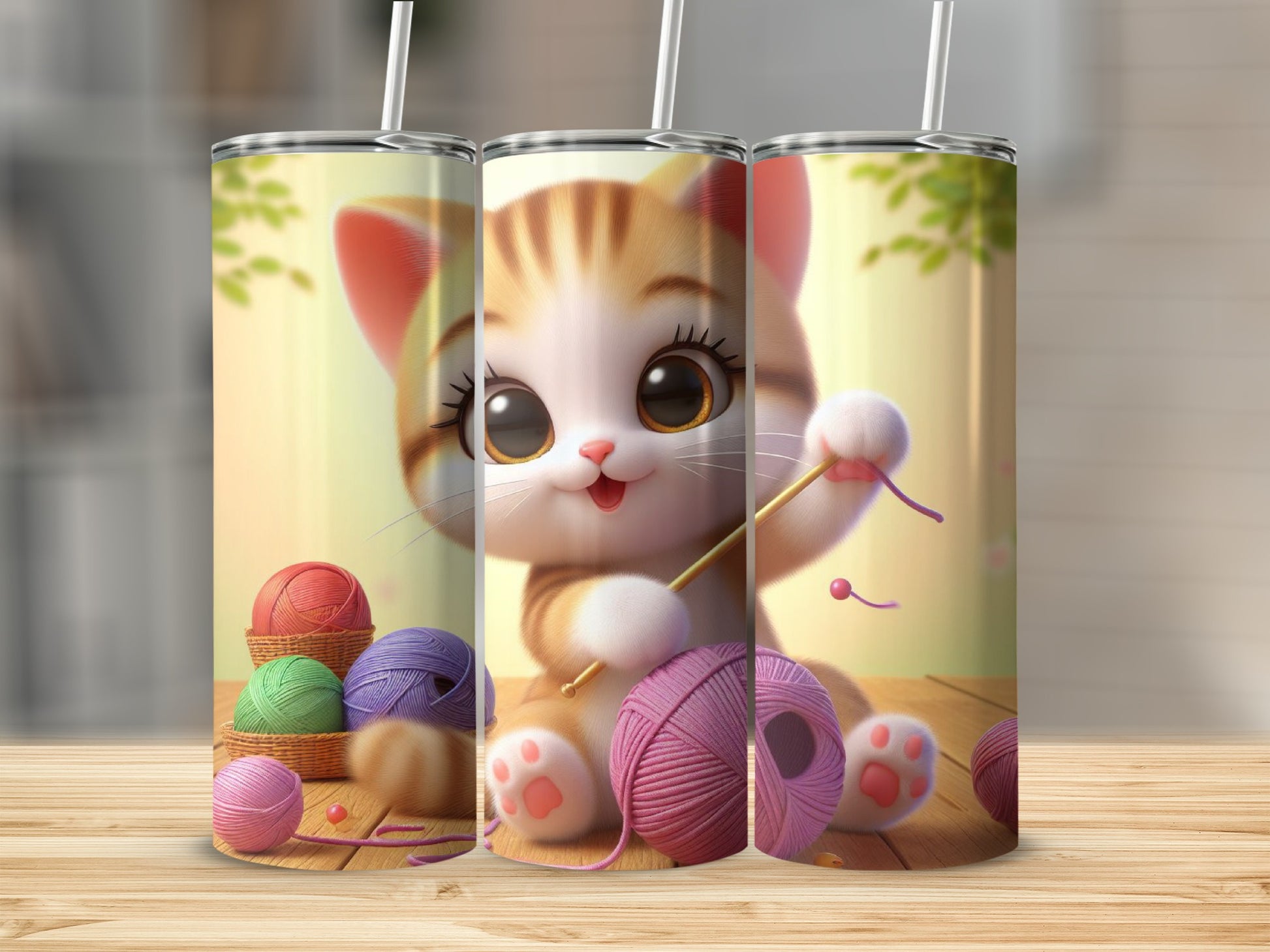 Cartoon kitten with yarn and knitting needles.