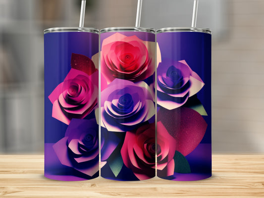 Three tall, purple tumblers with vibrant pink and blue roses design.