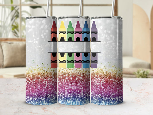 Glittery tumbler with row of colorful crayons on a shelf.