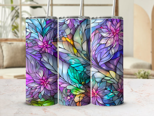 Three tumblers with stained glass floral pattern in vibrant blues, purples, and pinks.
