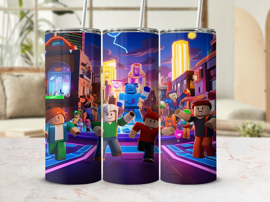 Roblox characters in a colorful, neon cityscape at night.