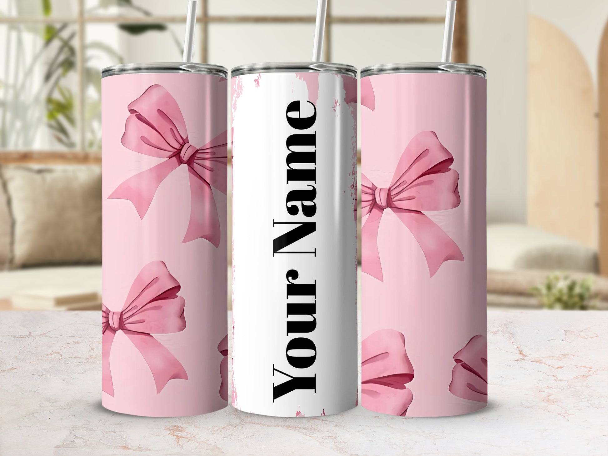 Personalized Pink Ribbon Design Tumbler with Straw