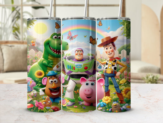 Toy Story characters Rex, Buzz Lightyear, and Woody with Mr. Potato Head and Piggy.