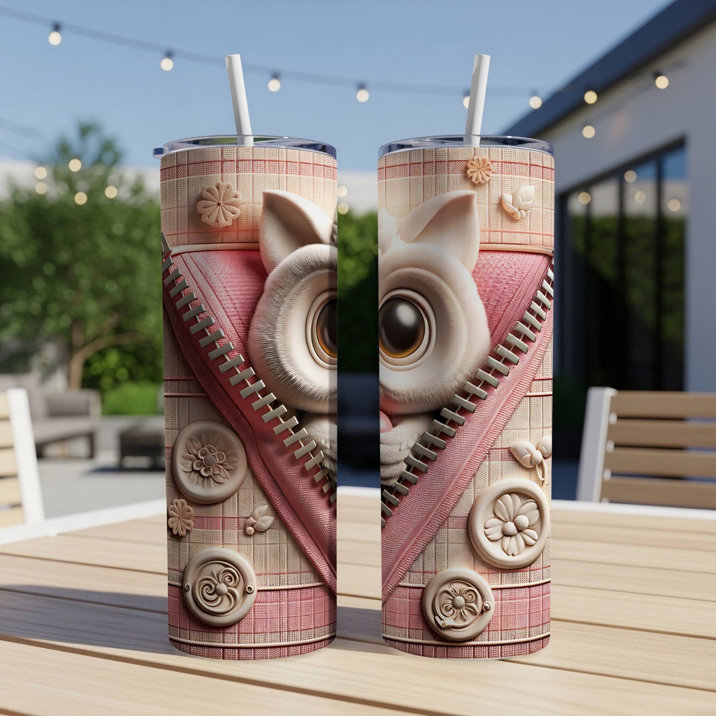Two tall tumblers featuring a cute cartoon cat face design.