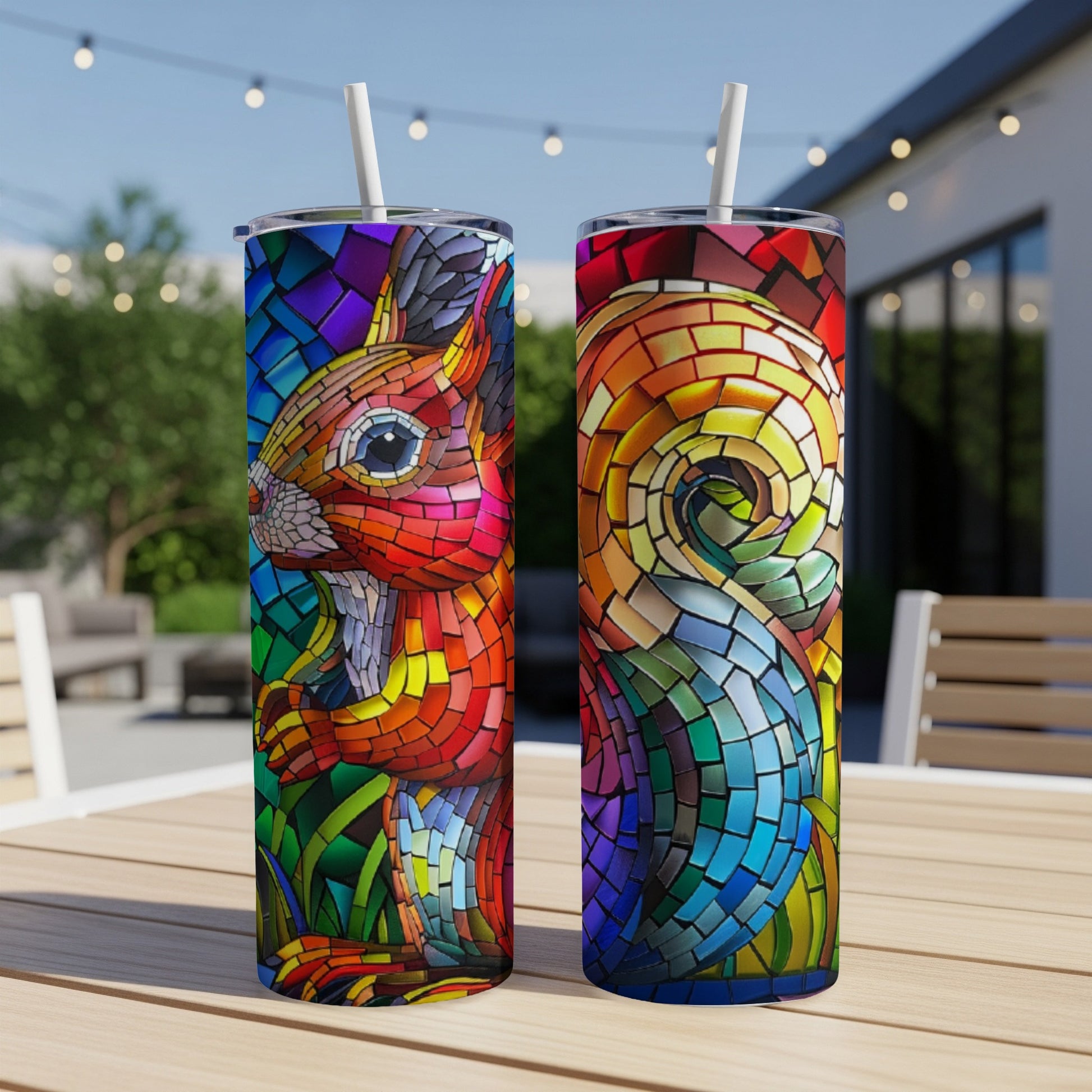 Two stained-glass style tumblers featuring a colorful squirrel and its tail.