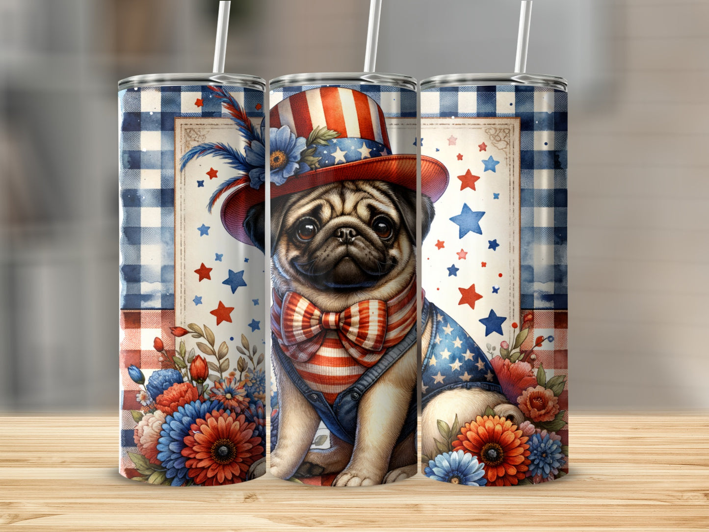 Patriotic pug in hat and bow tie with floral and star background.