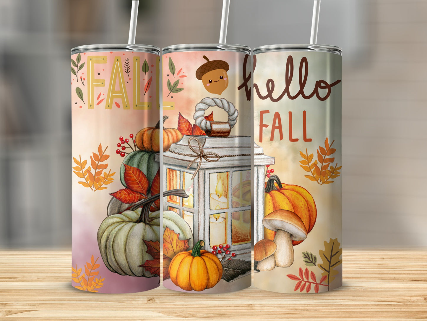 Fall Themed Tumblers with Pumpkins and Leaves Design