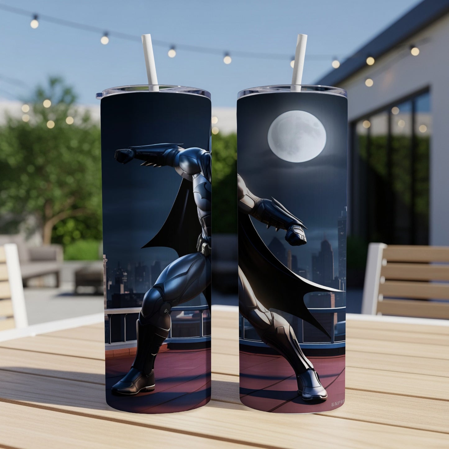 Batman in fighting stance against moonlit city skyline on two tumblers.