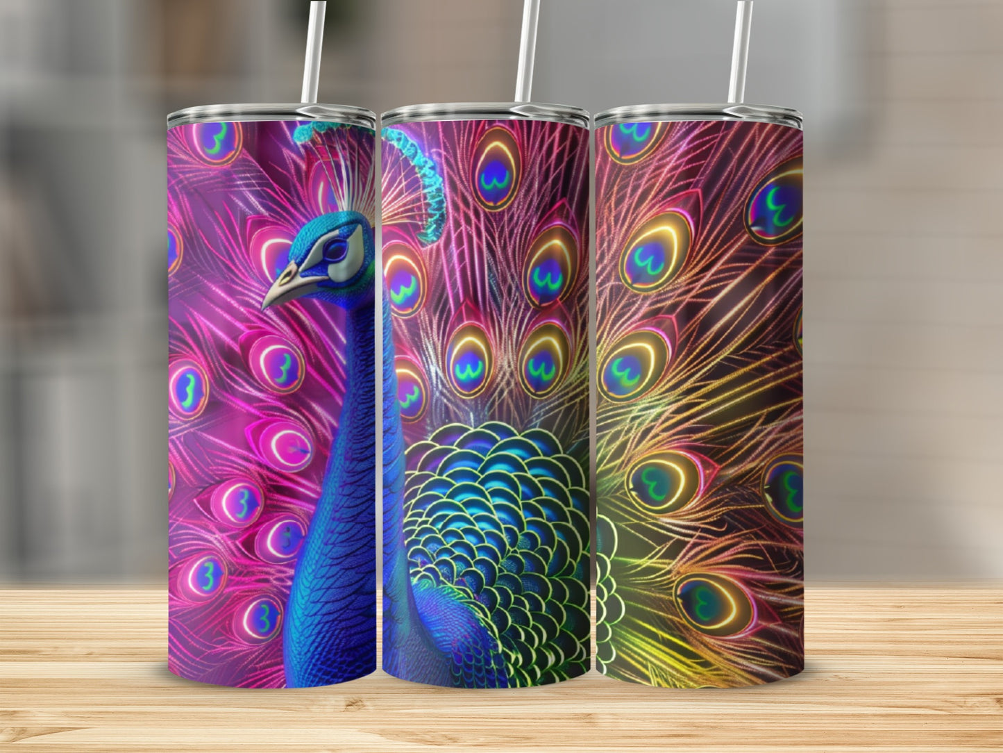 Three tumblers with vibrant peacock feather designs, standing on a wooden surface.
