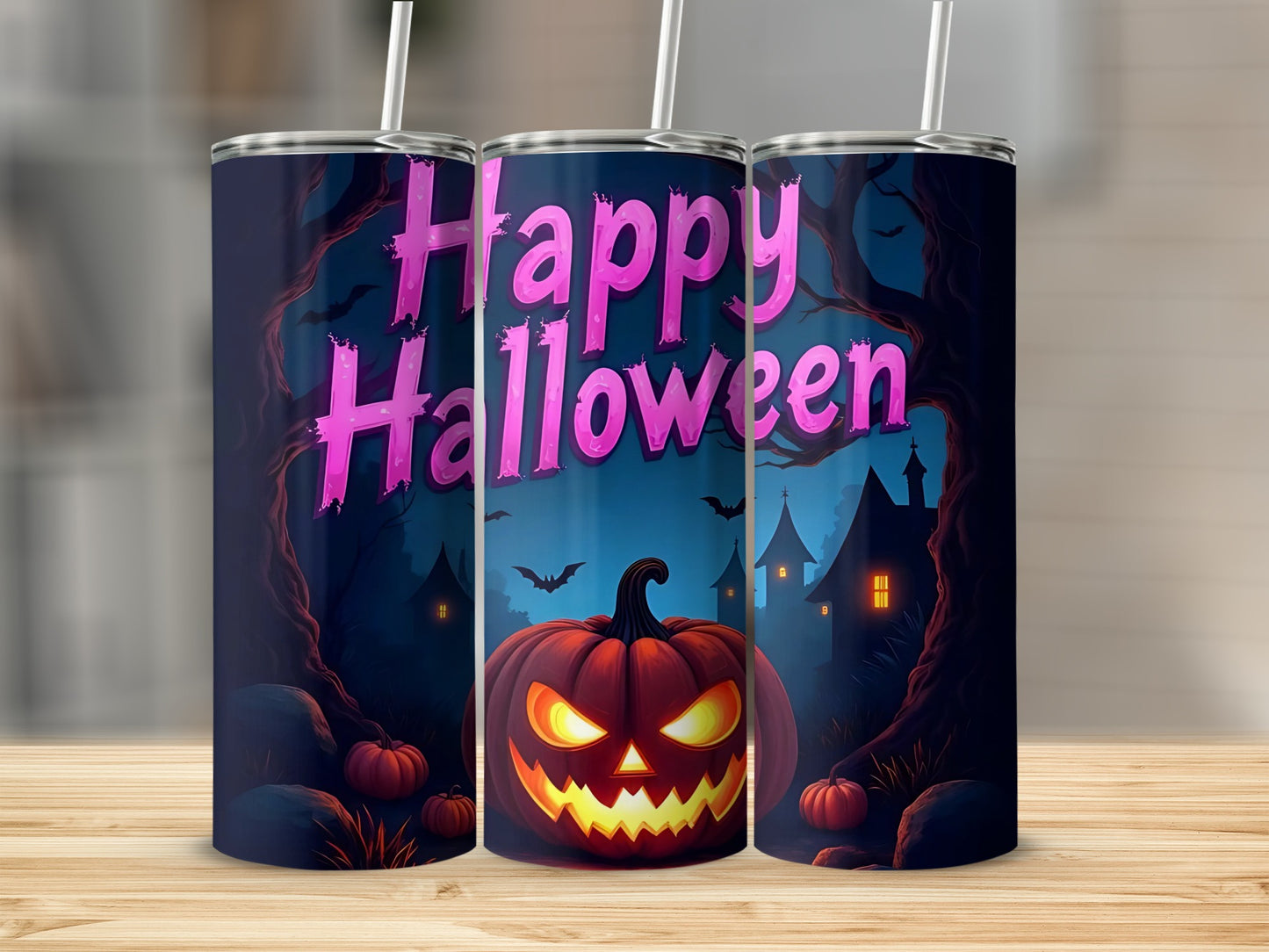 Halloween tumbler with jack-o-lantern, bats, and spooky houses.