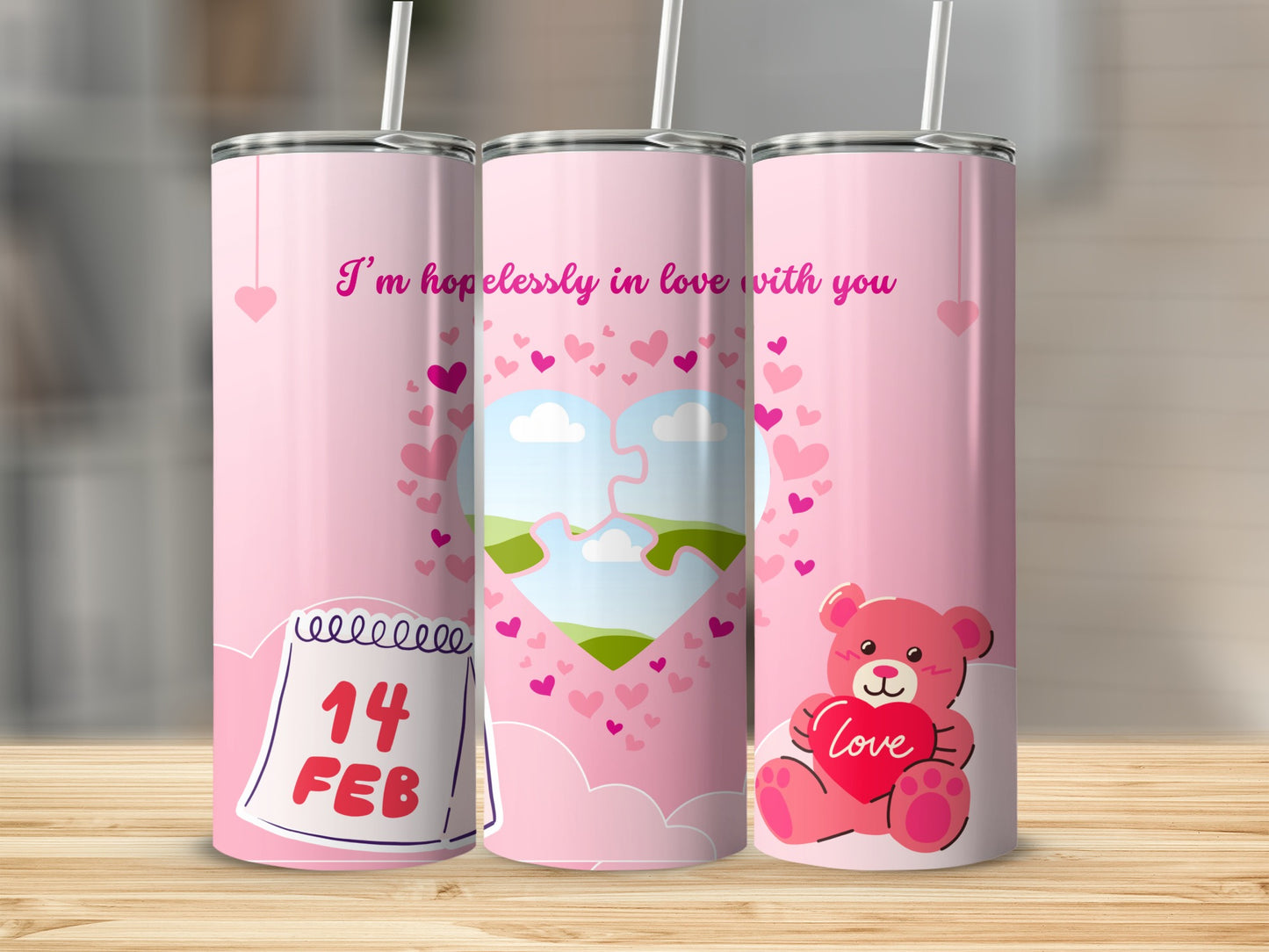 Pink tumblers with Valentine's Day designs, hearts, and text "I'm hopelessly in love with you".