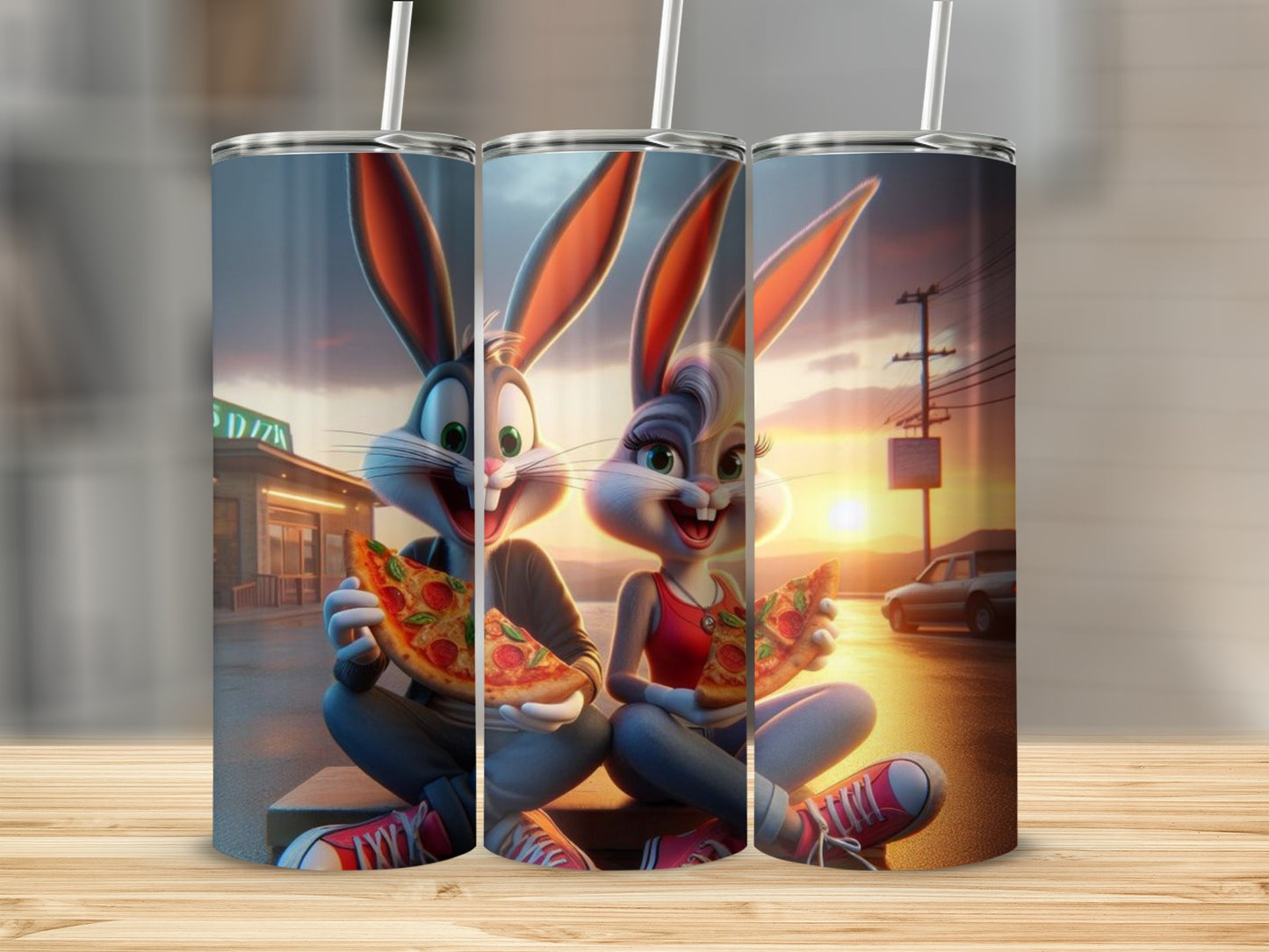 Cartoon Bunny Characters Eating Pizza Design Tumbler