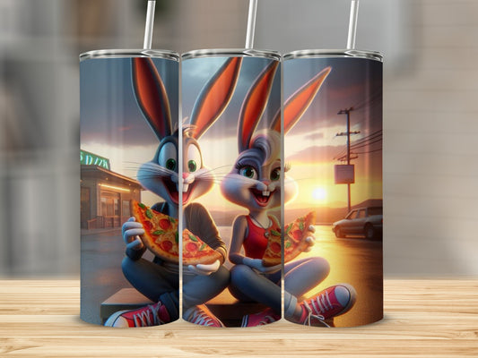 Cartoon Bunny Characters Eating Pizza Design Tumbler