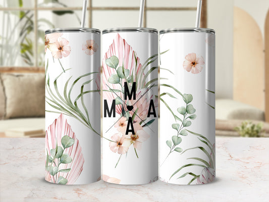 White tumbler with "MAMA" and floral, palm leaf design.
